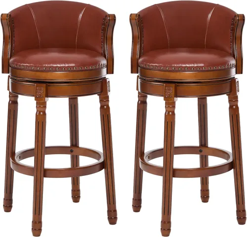 Vista 15 de CozyRain Taburetes de bar de madera de goma, taburete de bar tapizado de cuero con respaldo y reposapiés para el hogar, cocina, mostrador, comedor