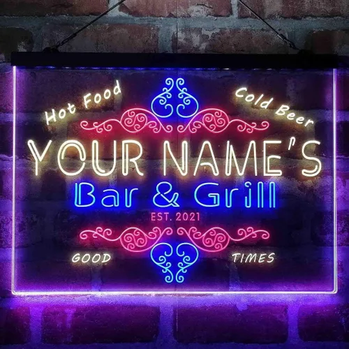 Vista 11 de Letrero de luz de neón LED tricolor personalizado para bar y parrilla, nombre personalizado, fecha, texto, cita, fuente blanco, azul y rojo, 17.7 x
