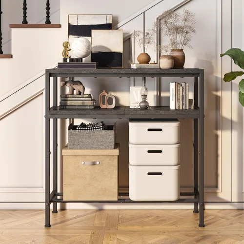 Vista 7 de Homeiju Mesa de entrada con almacenamiento, mesa consola de 3 niveles de 31.5 pulgadas de ancho, mesa de sofá industrial con estantes abiertos Negro
