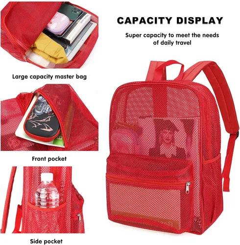Vista 3 de Mochila de malla resistente, bolsa de malla transparente para estudiantes universitarios, Rojo -, Classic