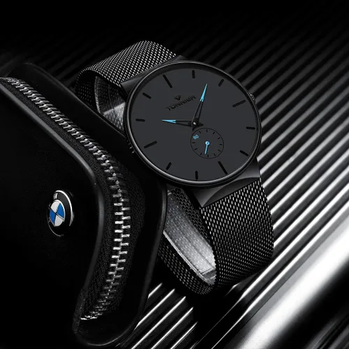 Vista 4 de Tonnier - Reloj de acero inoxidable estilizado para hombre, manecillas de reloj cóncavas, esfera de segundero independiente