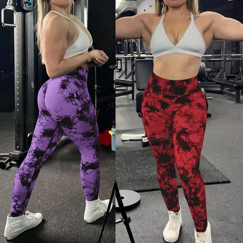 Vista 2 de Jomkig Leggings sin costuras de teñido anudado para mujer, pantalones de yoga de cintura alta, mallas de compresión para levantamiento de glúteos