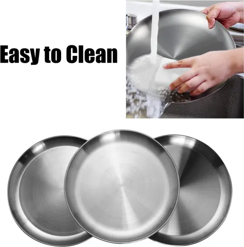 Vista 5 de CAMBUY Juego de platos de acero inoxidable de 10 pulgadas, platos de metal ligeros irrompibles para cena, no tóxicos, aptos para lavavajillas, sin