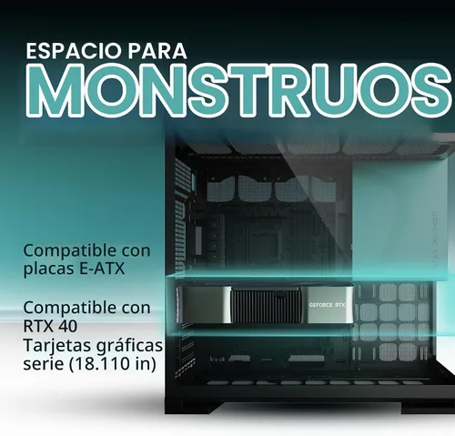 Vista 4 de Geometric Future M5 de vidrio templado semitorre, chasis de juego E-ATX/ATX, acero de 1.2mm, Tipo C, paneles sin herramientas, soporte para radiador
