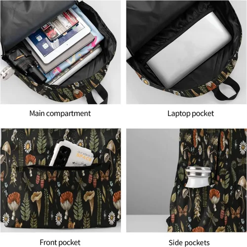 Vista 6 de SUPLUCHOM Mochila escolar vintage con hojas mágicas de hongos y bosques, mochila casual para hombres y mujeres, bolsa de poliéster para laptop