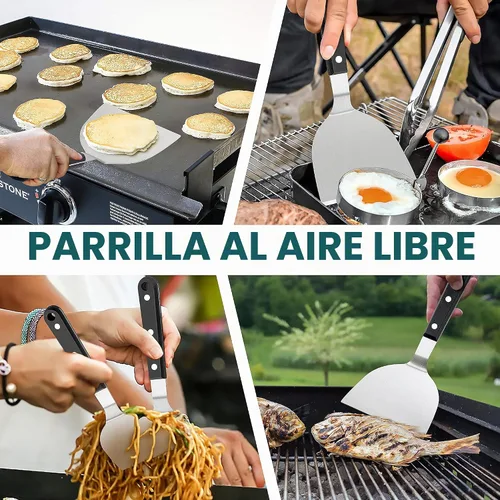 Vista 4 de HaSteeL - Juego de 2 espátulas de metal para plancha de acero inoxidable con asas de plástico ABS, herramientas profesionales para plancha
