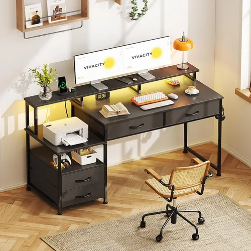 Vista 2 de MUTUN Escritorio para computadora de 53 pulgadas con 4 cajones y tomas de corriente, escritorio reversible de oficina en casa con soporte