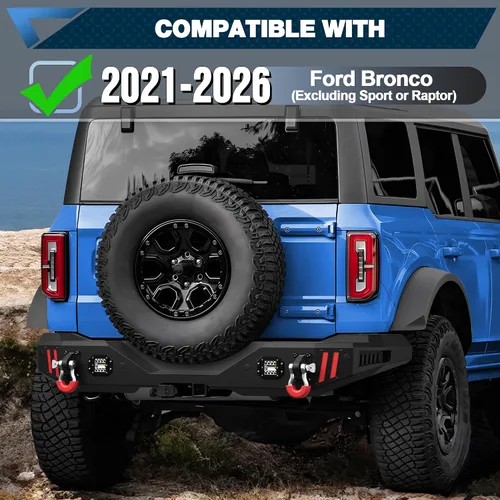 Vista 7 de Parachoques trasero para Ford Bronco 2021-2025 con textura negro de ancho completo con anillo en D y luces LED Textured Black Full Width Step