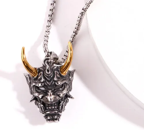 Vista 4 de Collar de calavera para hombre, collar de calavera de cuerno dorado, collar de cabeza de calavera de demonio gótico, collar de Halloween, collar