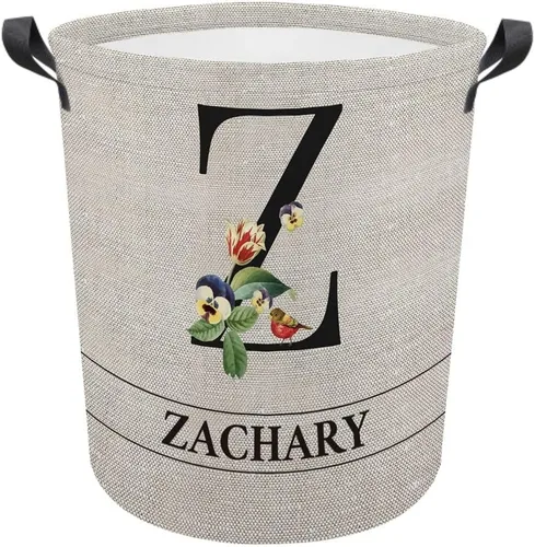 Vista 11 de Cesta de lavandería con inicial floral personalizada, monograma, nombre personalizado, flores y pájaros, cesta de ropa plegable de tela, caja