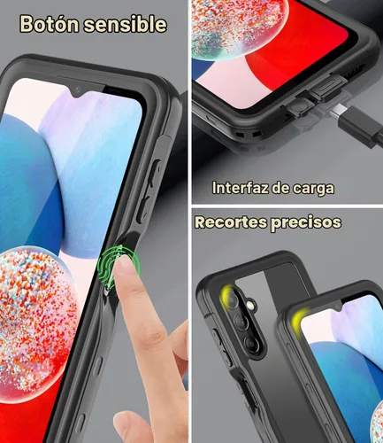 Vista 6 de Funda impermeable para Samsung Galaxy A14 5G, protector de pantalla integrado, cuerpo completo de 360°, resistente a prueba de golpes, a prueba