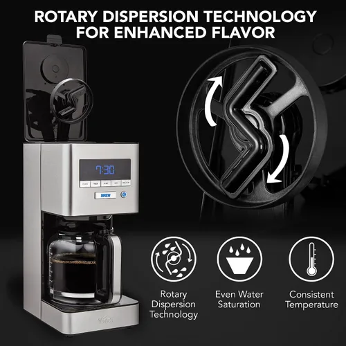 Vista 3 de VINCI RDT Elite - Cafetera giratoria con cabezal rociador Cafetera programable de 12 tazas con función Bloom y tecnología de dispersión rotativa