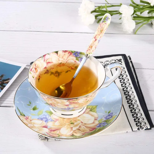 Vista 3 de Taza de té azul, juego de taza de té floral y platillo, juego de té de porcelana de hueso, taza de café, juego de té