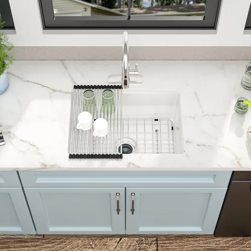 Vista 3 de Fregadero de barra blanco de 24"x18" para montaje bajo encimera - Arcilla refractaria de porcelana cerámica de alto brillo, montaje dual, un seno