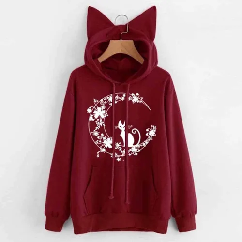 Vista 2 de Aniywn Sudadera con capucha para mujer, con estampado de orejas de gato, linda blusa de manga larga con bolsillo, sudadera con capucha para otoño