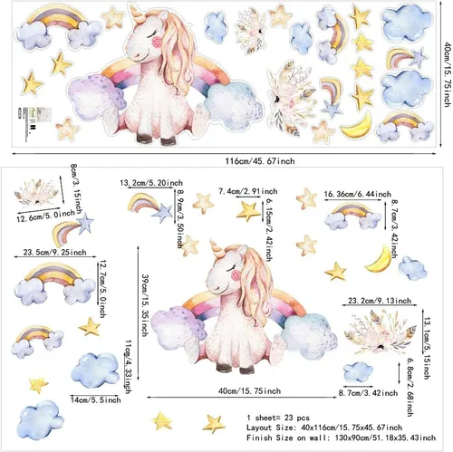 Vista 4 de Lindas calcomanías de pared de unicornio, decoración de pared de gran tamaño de 15.35 x 15.75 pulgadas para dormitorio de niñas, niños, sala