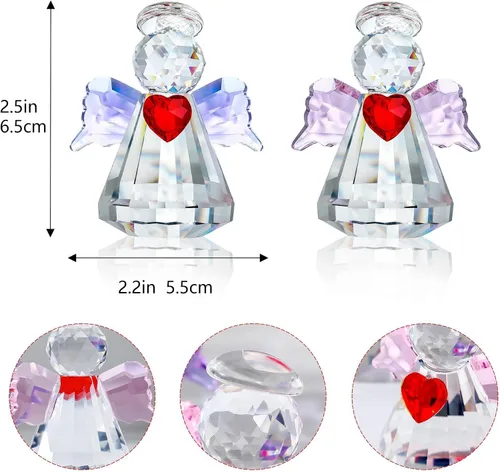 Vista 2 de HDCRYSTALGIFTS Juego de 2 figuras coleccionables de ángel guardián de cristal, adornos de ángel de cristal de 2.5 pulgadas para Navidad, Acción