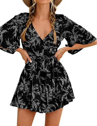 Vista 3 de Relipop Enterizo de verano para mujer, diseño floral, cuello en V, manga corta, cintura con nudo y dobladillo con volantes, overol corto casual