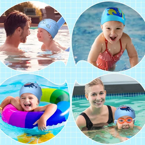 Vista 4 de Sintuff 3 Pcs Kids Swim Caps Toddlers Swimming Caps Silicone Swim Cap for Boys Girls (Age 4-12) Baby Waterproof Cartoon Bathing Hats for Long and