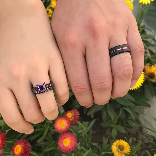 Vista 5 de Sheloves - Anillos de boda chapados en negro para parejas y mujeres, juego de anillos de boda de tungsteno para hombre y mujer