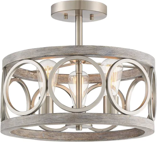 Vista 5 de Franklin Iron Works Salima - Lámpara de techo industrial rústica de 16 pulgadas de ancho, 3 luces con acabado de madera gris níquel cepillado