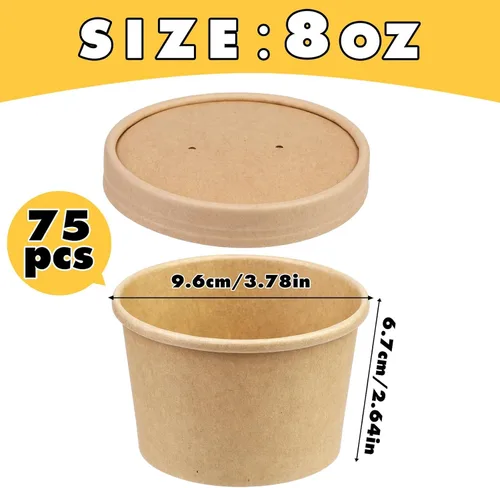 Vista 2 de Paquete de 75 recipientes de papel para sopa de 8 onzas con tapas, tazas de helado, recipientes de papel desechables con tapa ventilada, cuencos