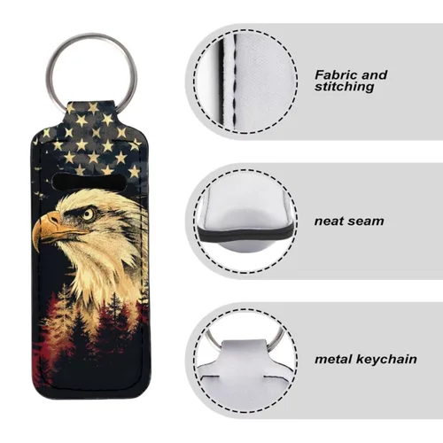 Vista 5 de Soporte para bálsamo labial con bandera americana, águila calva, llavero, soporte portátil para brillo de labios, organizador para rastreador