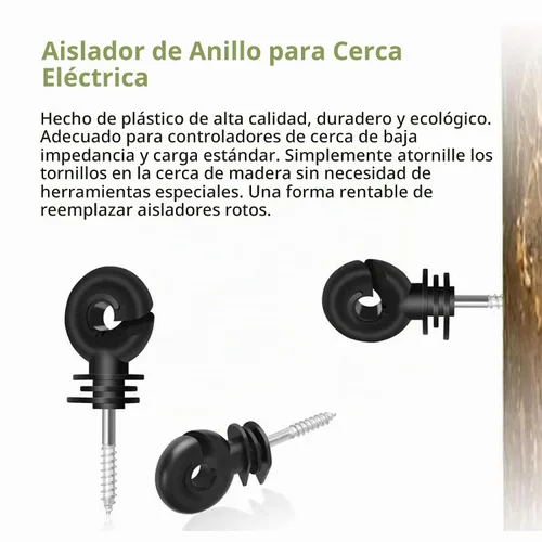 Vista 5 de 100 piezas de aislador eléctrico negro para valla con aislante de rosca, anillo de valla, poste de madera y 1 pieza de herramienta de zócalo