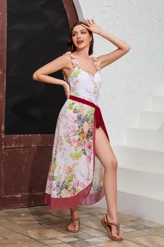 Vista 34 de Women Swimsuits Abstract Printing Notched Square/V Neck Floral Vacation One Piece with Cover Up