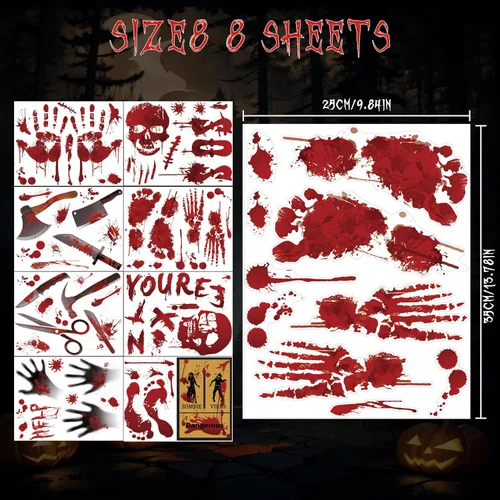 Vista 3 de Decoraciones de Halloween, 8 hojas de huellas de manos sangrientas, calcomanías espeluznantes para ventana, calcomanías de tatuaje, espejo de pared