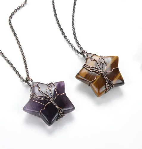 Vista 2 de Collar con colgante de estrella de cristal envuelto en alambre de árbol de la vida, collar de piedra curativa Reiki, joyería para mujer