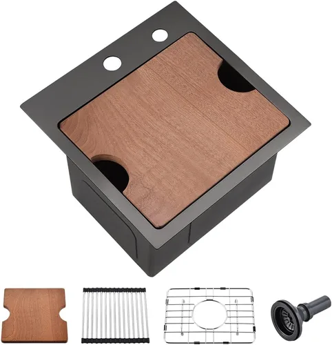 Vista 10 de Fregadero de barra de 15 pulgadas para estación de trabajo, fregadero de cocina pequeño de 15 x 15 pulgadas, montaje superior, calibre 16