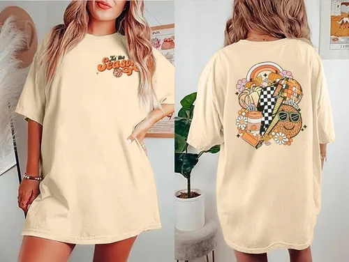 Vista 2 de Camisetas de otoño de gran tamaño para mujer, camiseta de otoño de The Saeson, camisetas divertidas con gráficos de calabaza, camisetas sueltas