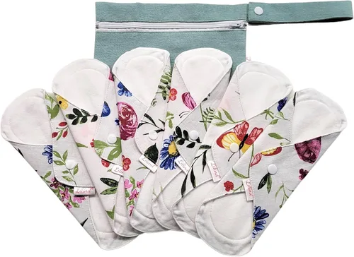 Vista 11 de Lilind ® Paquete de 7 toallas de tela para tanga en flores rojas, 100% algodón orgánico, reutilizables, lavables, toallas sanitarias menstruales