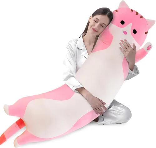 Vista 9 de shangman Bonita muñeca de gato de peluche, bonita almohada de peluche suave de caricaturas, almohada larga para dormir, regalo del día de San Negro