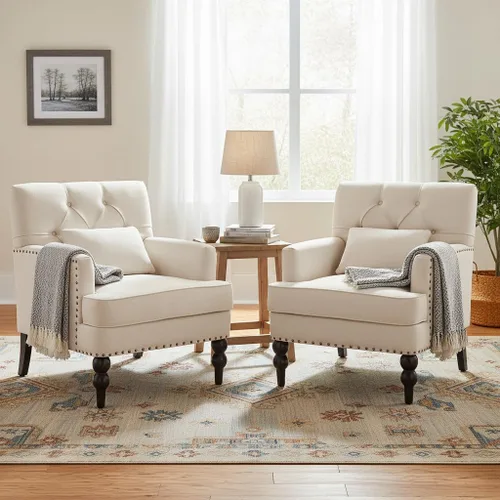 Vista 8 de HUIMO Silla de Club Acolchada, Silla de Acento con Almohada Lumbar, Sillón Tapizado con Botones, Sillas de Sofá de Tela de Lino para Dormitorio