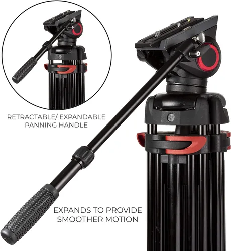 Vista 5 de Ultimaxx Trípode de 72 pulgadas, 72 pulgadas, trípode profesional de doble tubo de aluminio resistente, cabezal de fluido de 360 grados, esparcidor