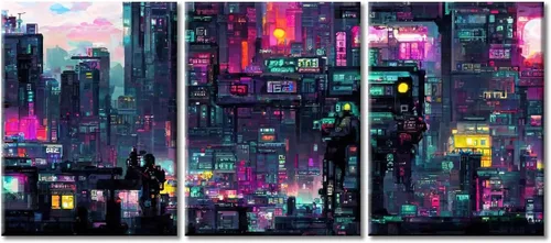 Vista 91 de Arte de pared de 3 piezas de escena de ciencia ficción de la calle comercial futurista paisaje urbano, decoración de pared para dormitorio