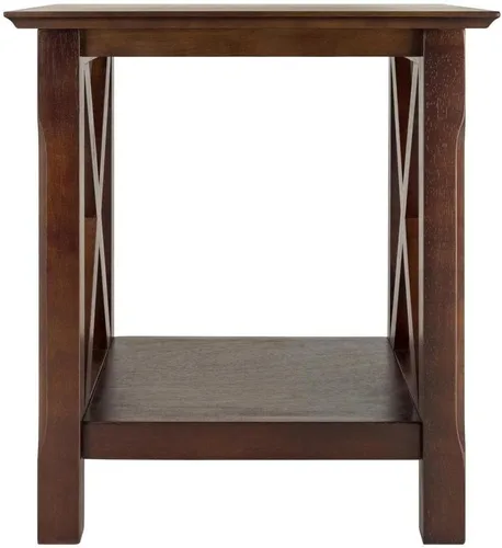 Vista 5 de Furnifact Mesa auxiliar, acabado marrón, paneles estilo X, estante de almacenamiento inferior, madera sólida/compuesta, capuchino, mesa de acento