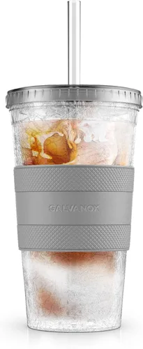 Vista 7 de GALVANOX Taza de café helado congelable con tapa y pajita, vaso térmico reutilizable con funda de agarre (16 onzas)