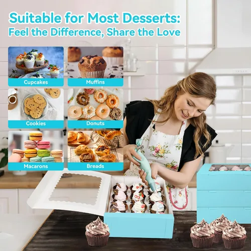 Vista 8 de Juego de 3 cajas para cupcakes a granel con ventana transparente para 12 cupcakes estándar, contenedor desechable de grado alimenticio azul