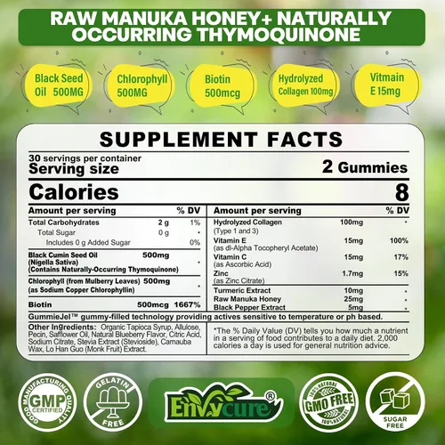 Vista 2 de Gomitas de aceite de semilla negra y clorofila, biotina de 500 mcg con colágeno hidrolizado, miel de manuka cruda, orgánica prensada en frío, máxima