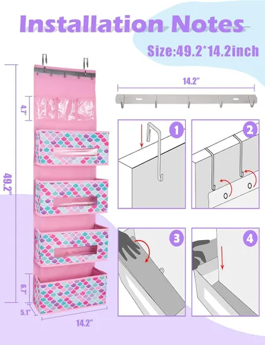 Vista 3 de WERNNSAI Organizador colgante para puerta de sirena, almacenamiento sobre la puerta con 4 bolsillos grandes y 3 de PVC, almacenamiento de bebé