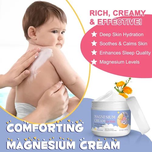 Vista 4 de Crema de magnesio para niños, loción de aceite de magnesio para relajación ósea y muscular, calma y nutre la piel con caléndula, aloe vera, manteca