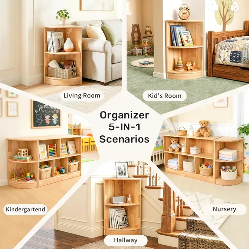Vista 5 de WINGYZ Rubber Wood Corner Cabinet, 2-Tier Montessori Shelf, 2 Shelf Bookcase Toy Storage Organizer, Montessori Bookshelf for Kids Rooms, Classroom
