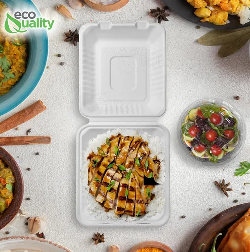 Vista 8 de Contenedor de comida cuadrado compostable con bisagras de 8 x 8 pulgadas, contenedores desechables de calidad resistente, caja de comida ecológica