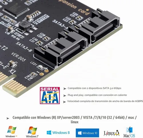 Vista 4 de Tarjeta controladora PCI Express 3.0 (2 puertos), convertidor PCIe a SATA III de 6 Gb/s, compatible con SSD y HDD, incluye soporte y 2 cables SATA