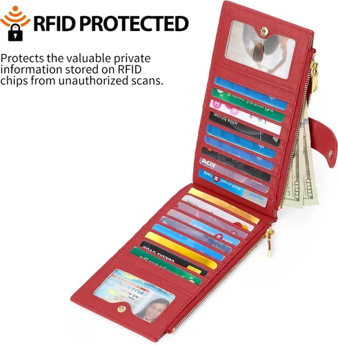 Vista 4 de GOIACII - Carteras para mujer de dos pliegues con bloqueo RFID y 2 bolsillos con cremallera, Rojo, M