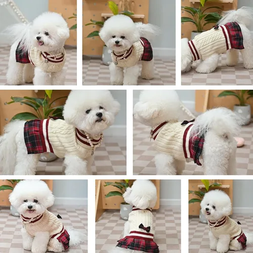 Vista 6 de PAWCHIE Vestido de suéter para perro con corbatín - Suéter de punto con cuello alto para perros pequeños, para niñas, para clima frío, con orificio