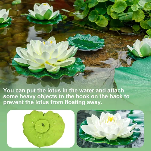 Vista 4 de 16 flores flotantes artificiales para piscina, 7 y 4 pulgadas, almohadillas de lirio de agua falsas, flores de loto, decoraciones flotantes